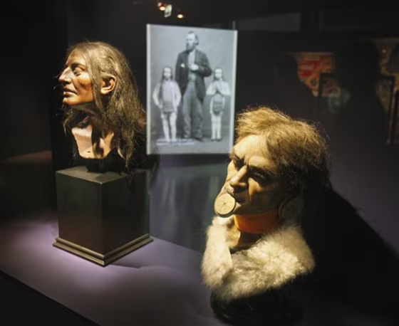 Nineteenth century models of heads of a Botoduco man are shown at a new exhibition at the Quai Branly museum in Paris, Monday Nov. 28.